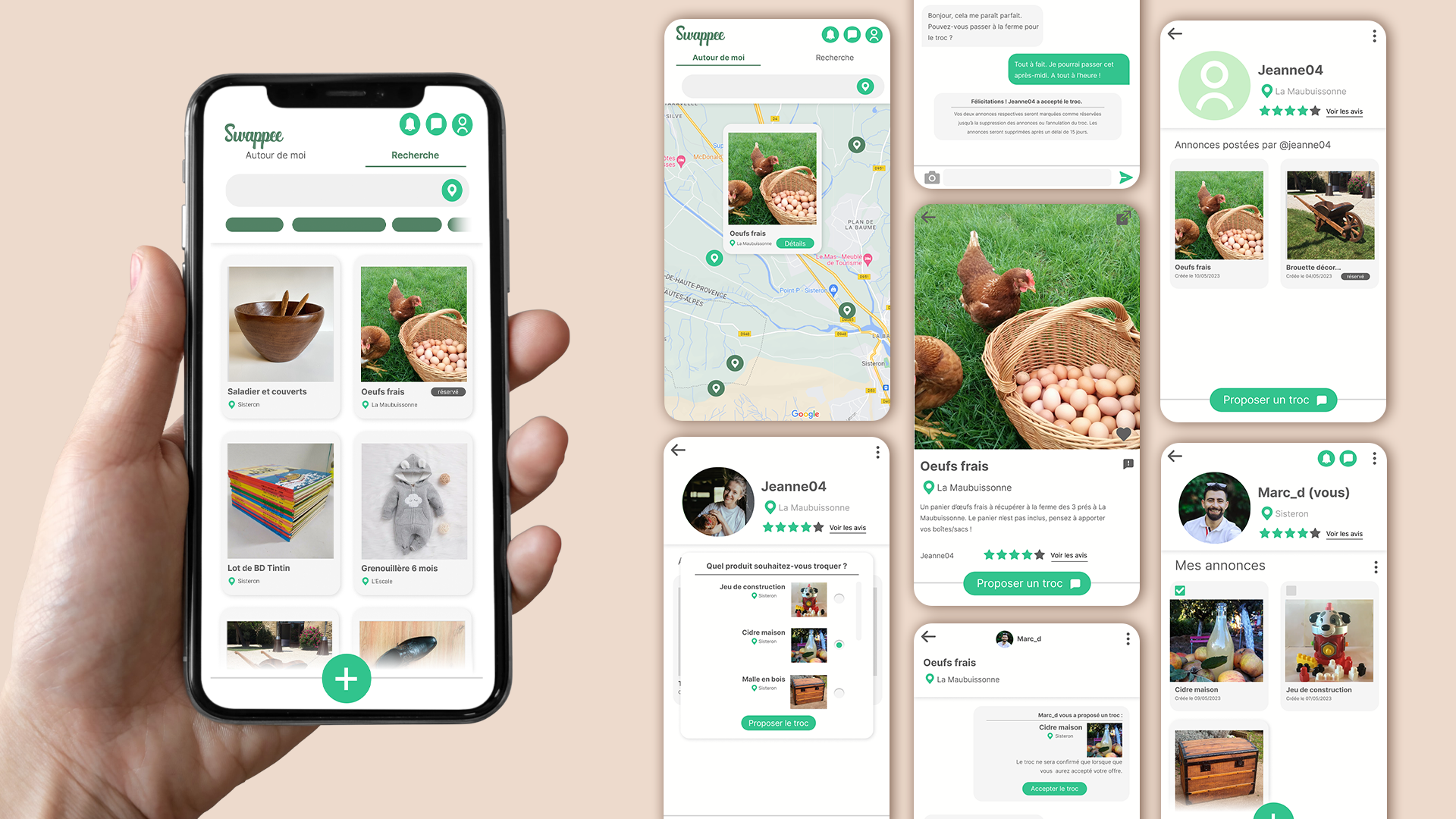 A whole UI, UX and branding design for a fictive barter app called Swappee created by Laura Bacher webdesigner UI/UX graphic designer